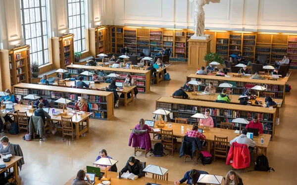 Overhead view of students studying at Thompson Library